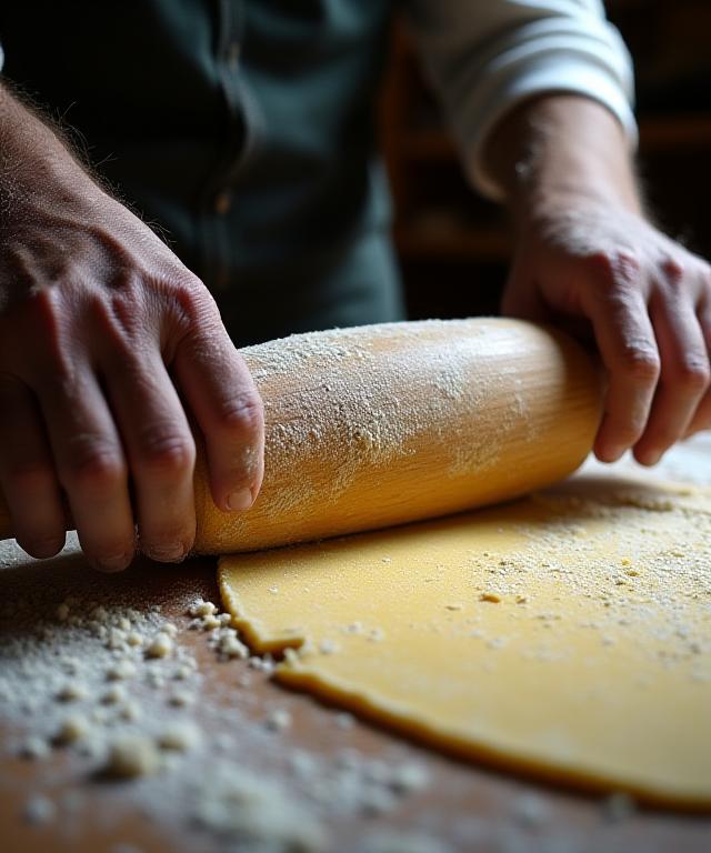 Mani esperte che stendono la pasta fresca su un tavolo di legno antico